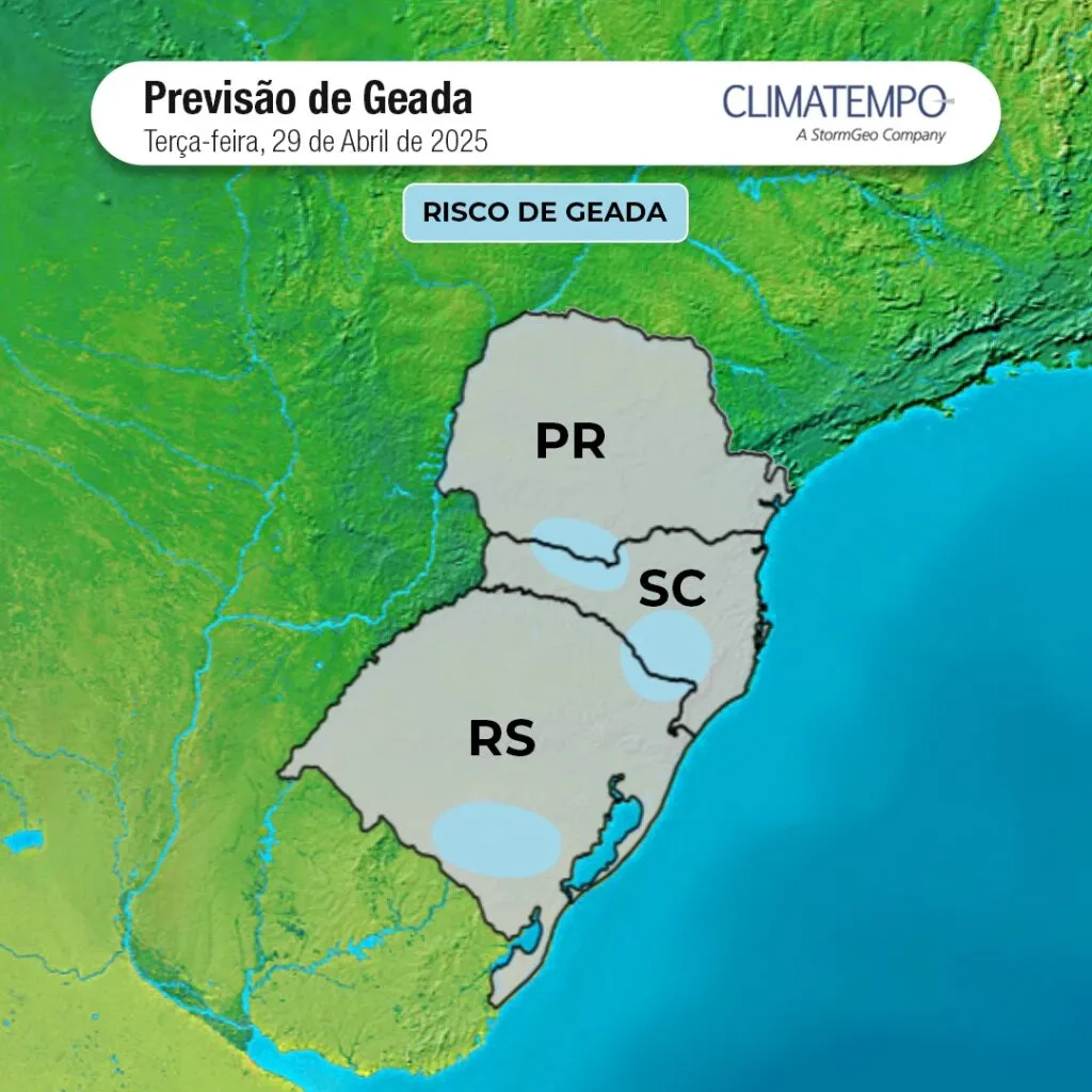 A imagem mostras as áreas com alerta para geada